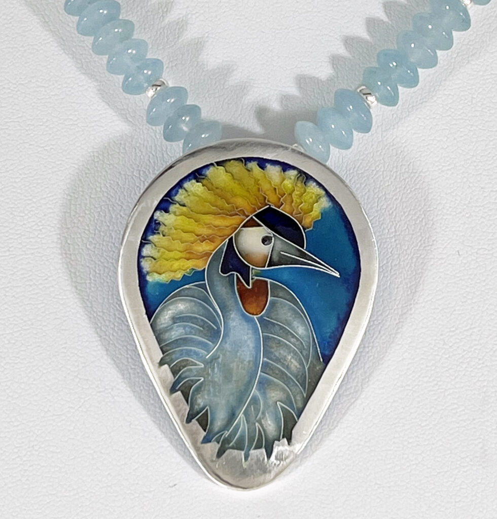 African Crowned Crane Cloisonne'/Champleve' Pendant and Aquamarine Necklace