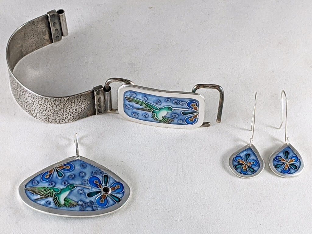 Hummingbird Cloisonne'/Champleve' Pendant, Bracelet and Earrings