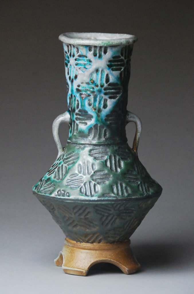 Vince Pitelka, Vase, 2020, slab-built white stoneware, soda-fired to cone-7