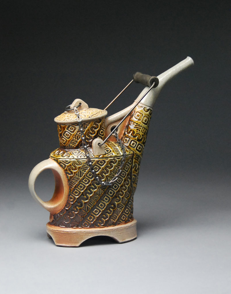 Vince Pitelka, Teapot, 2020, slab-built white stoneware, soda-fired to cone-7