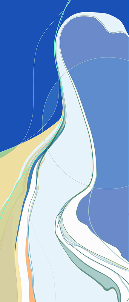 Tall abstract graphic suggesting lines of a sea bird in blues and yellows