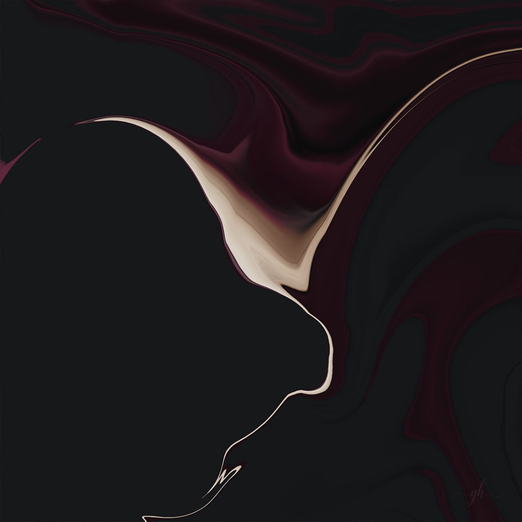Black Square abstract with ivory wisps like smoke rising like wings in the center falling away to shades of deep burgundy