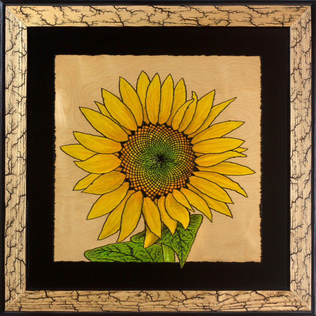 Sunflower high-voltage woodburning with acrylic painting